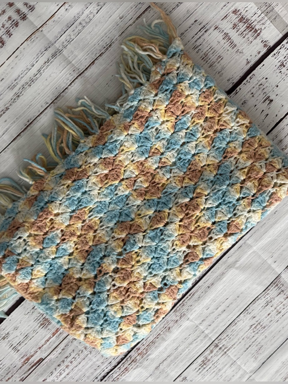 Handmade Crochet Fringe Throw Blanket Blue Cream Tan 36”x 48”